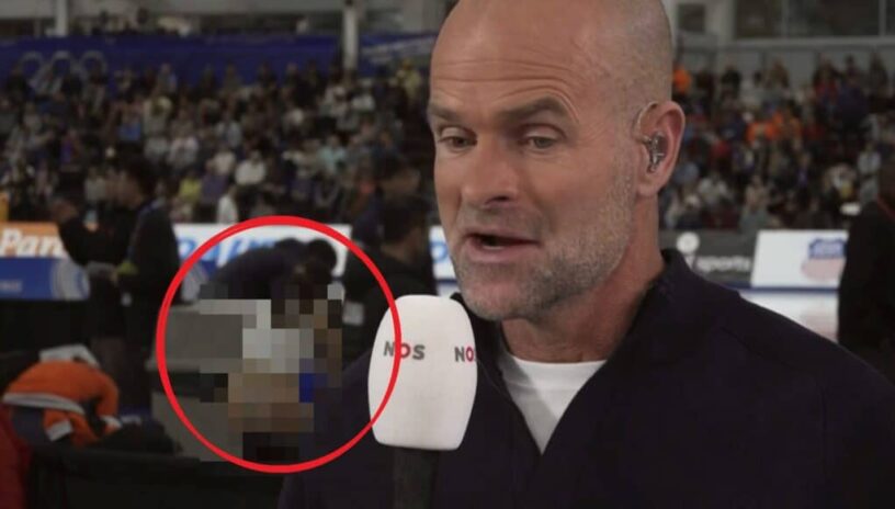 Live-moment achter Erben Wennemars gaat mis: schaatsster kleedt zich nét iets te enthousiast om